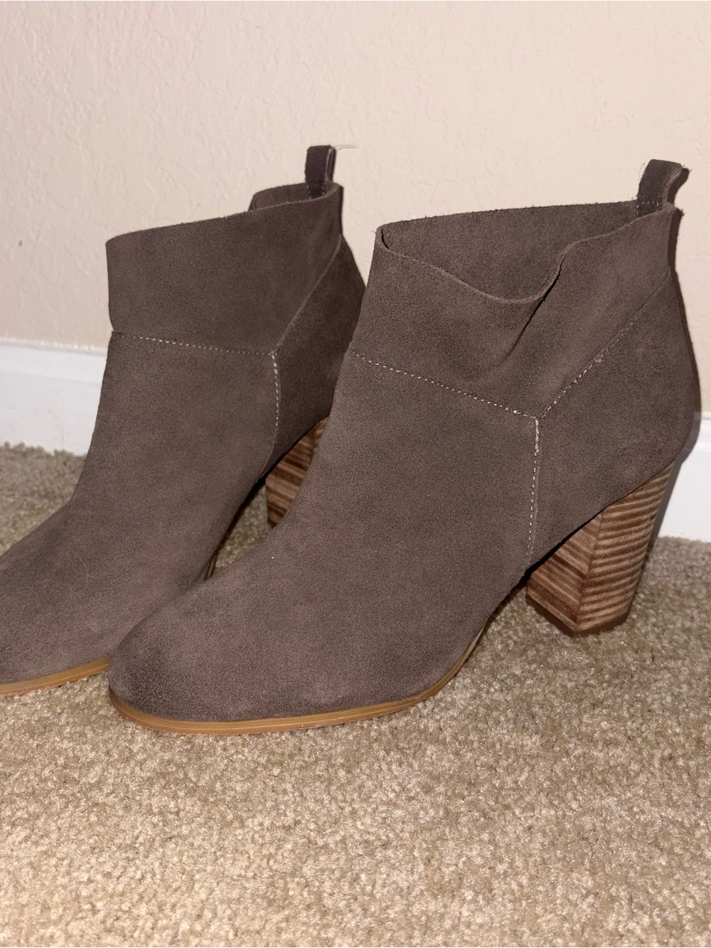 Crown Vintage Taupe Suede Ankle Booties with Stacked Heel